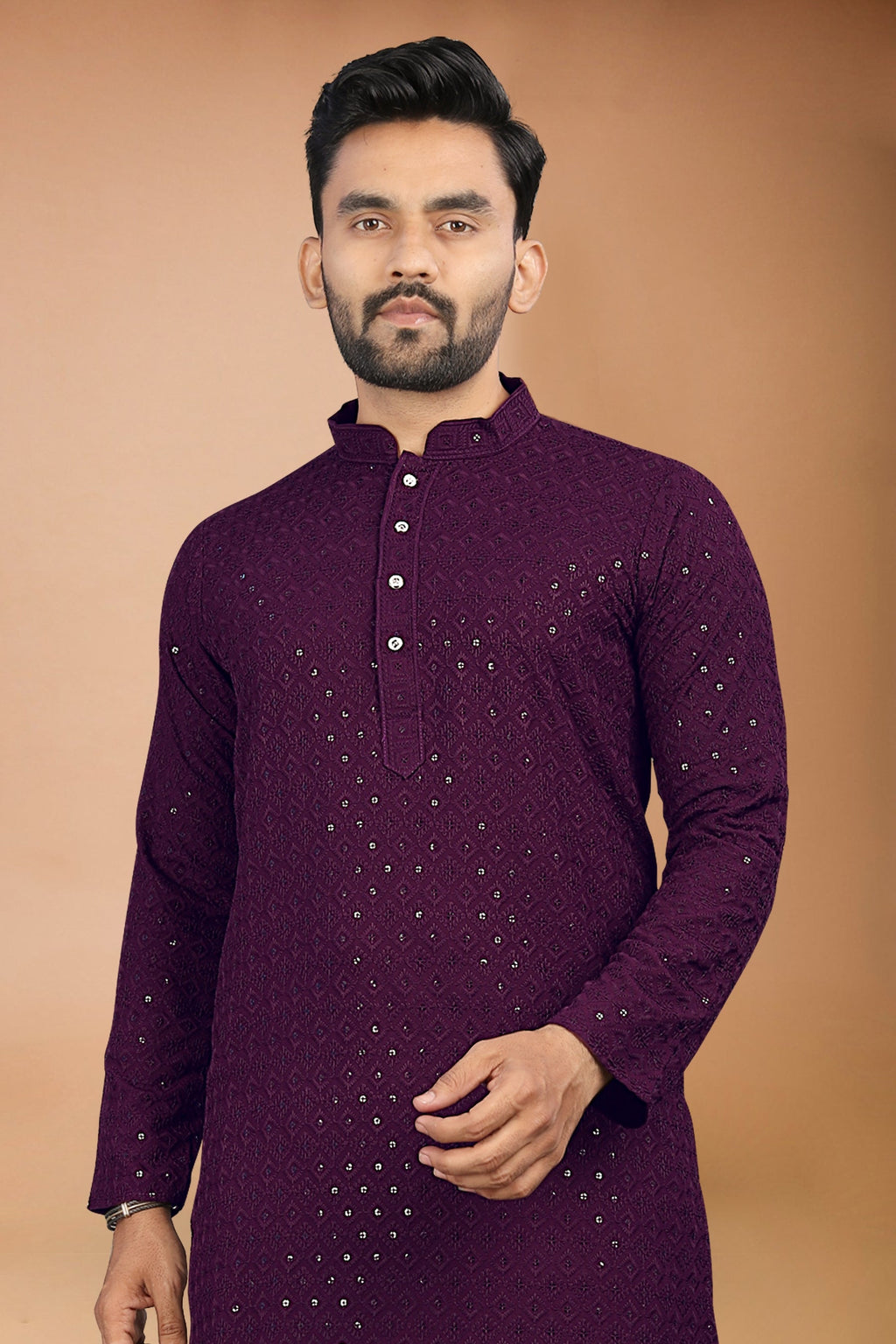 Neera Trendz Wine Rayon Schiffli Work Men's Kurta With Pyjama | Grocsy