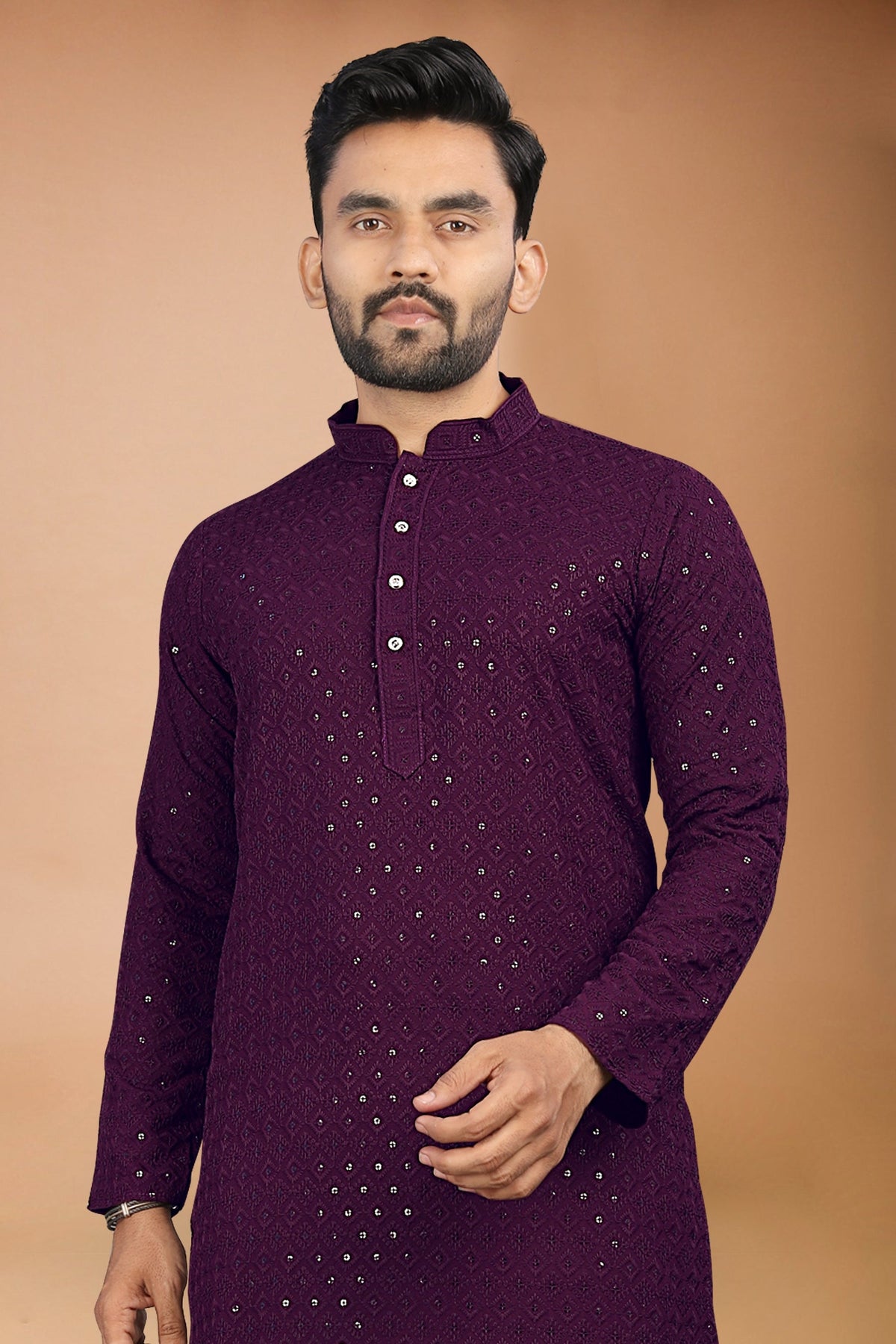 Neera Trendz Wine Rayon Schiffli Work Men's Kurta With Pyjama | Grocsy