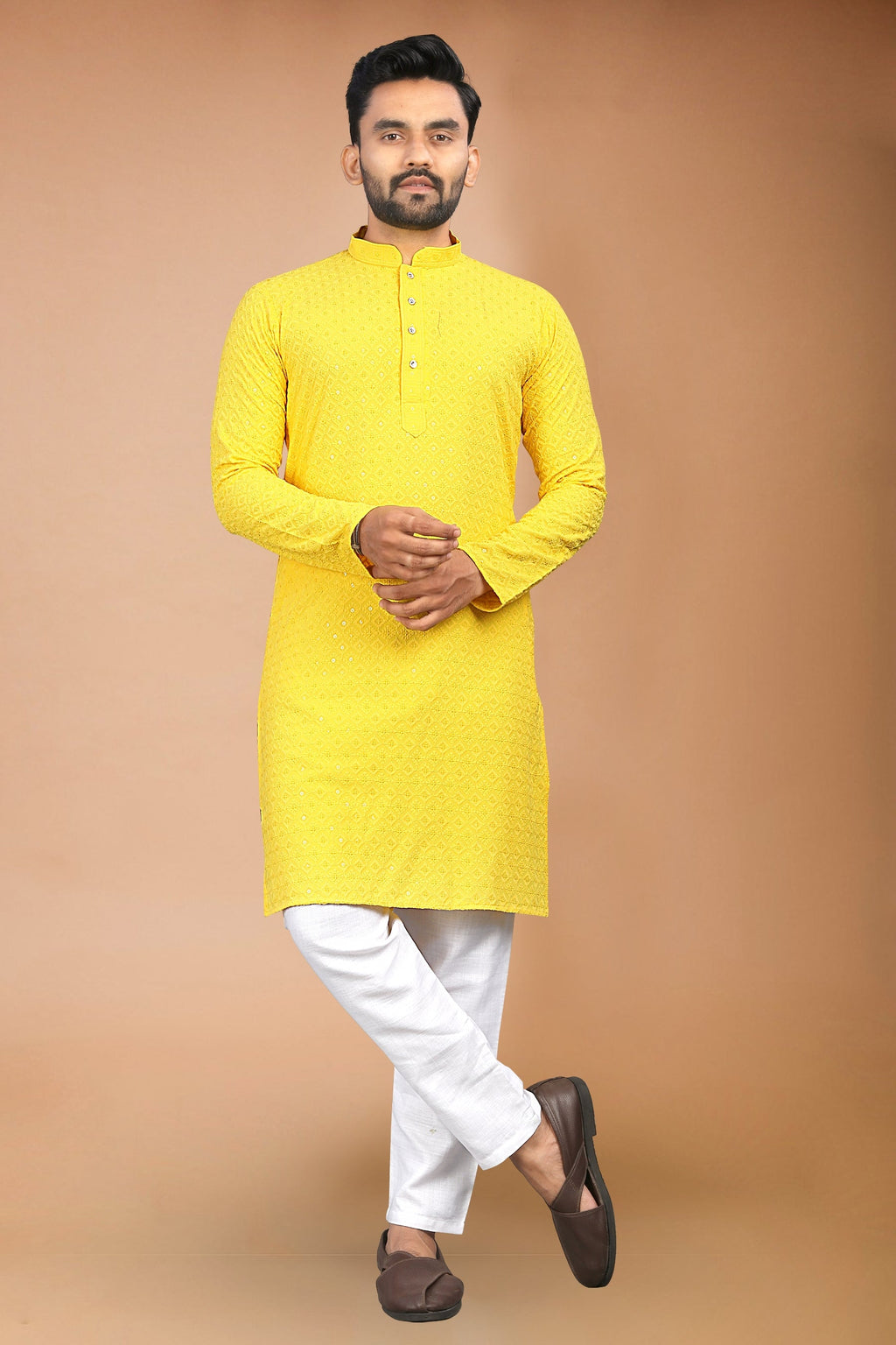 Neera Trendz Yellow Rayon Schiffli Work Men's Kurta With Pyjama | Grocsy