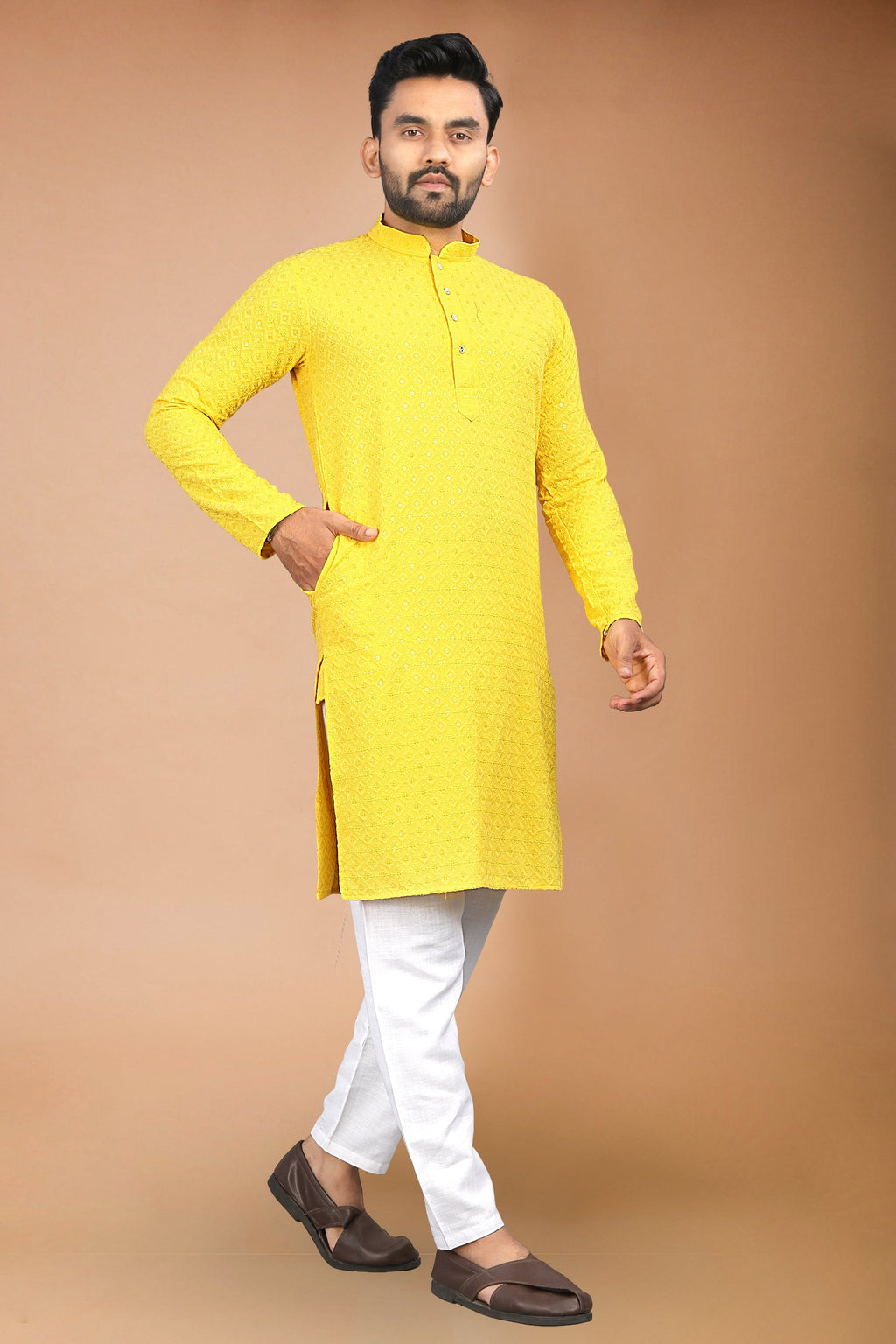 Neera Trendz Yellow Rayon Schiffli Work Men's Kurta With Pyjama | Grocsy