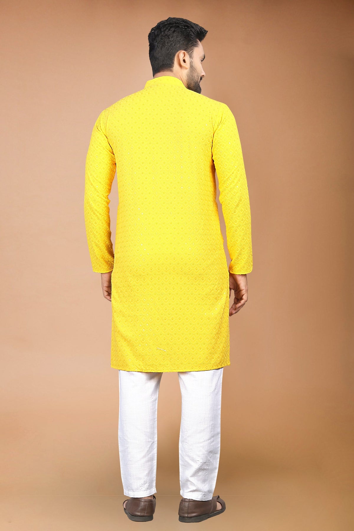 Neera Trendz Yellow Rayon Schiffli Work Men's Kurta With Pyjama | Grocsy