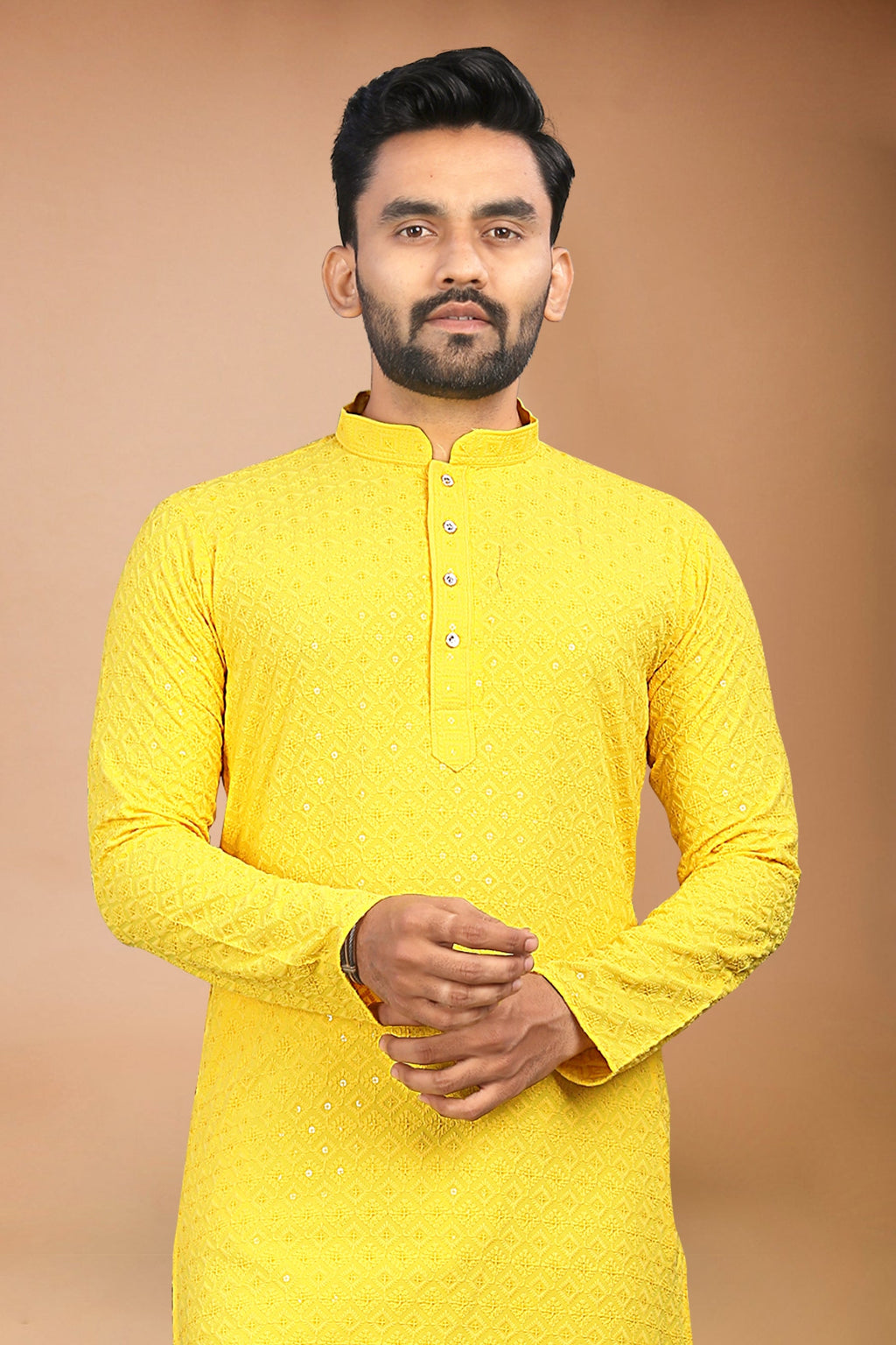Neera Trendz Yellow Rayon Schiffli Work Men's Kurta With Pyjama | Grocsy
