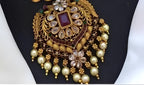 Jewel City Antique-Finish Temple Jewelry Set - Traditional South Indian Gold-Plated Necklace and Earrings with Pearl Drops | Grocsy