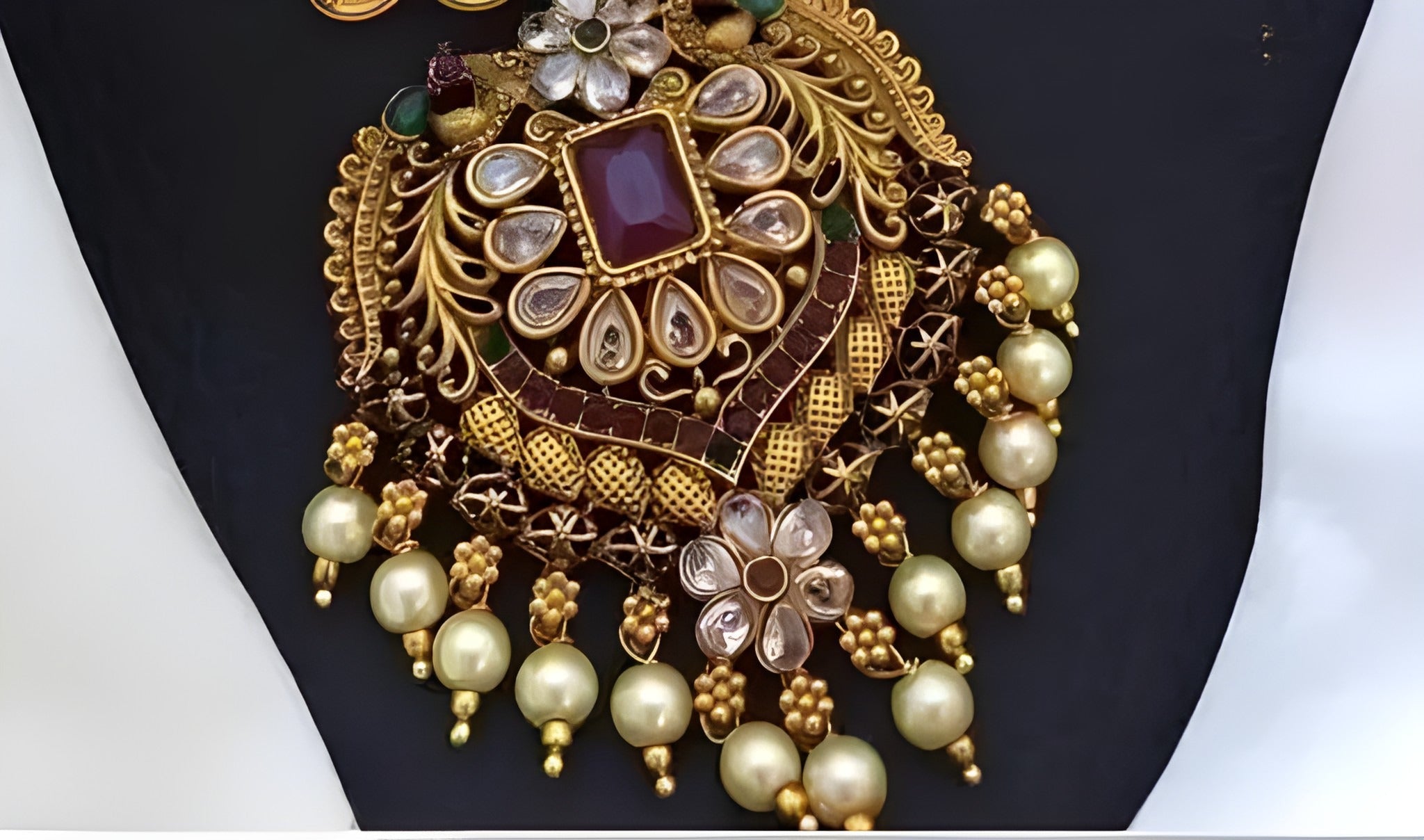 Jewel City Antique-Finish Temple Jewelry Set - Traditional South Indian Gold-Plated Necklace and Earrings with Pearl Drops | Grocsy