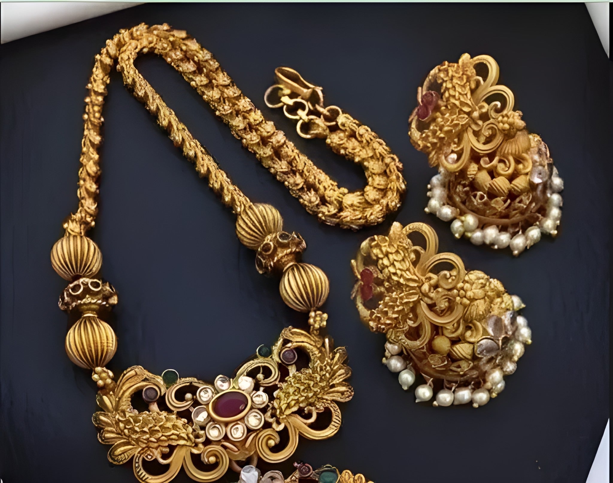 Jewel City Antique-Finish Temple Jewelry Set - Traditional South Indian Gold-Plated Necklace and Earrings with Pearl Drops | Grocsy