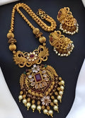 Jewel City Antique-Finish Temple Jewelry Set - Traditional South Indian Gold-Plated Necklace and Earrings with Pearl Drops | Grocsy