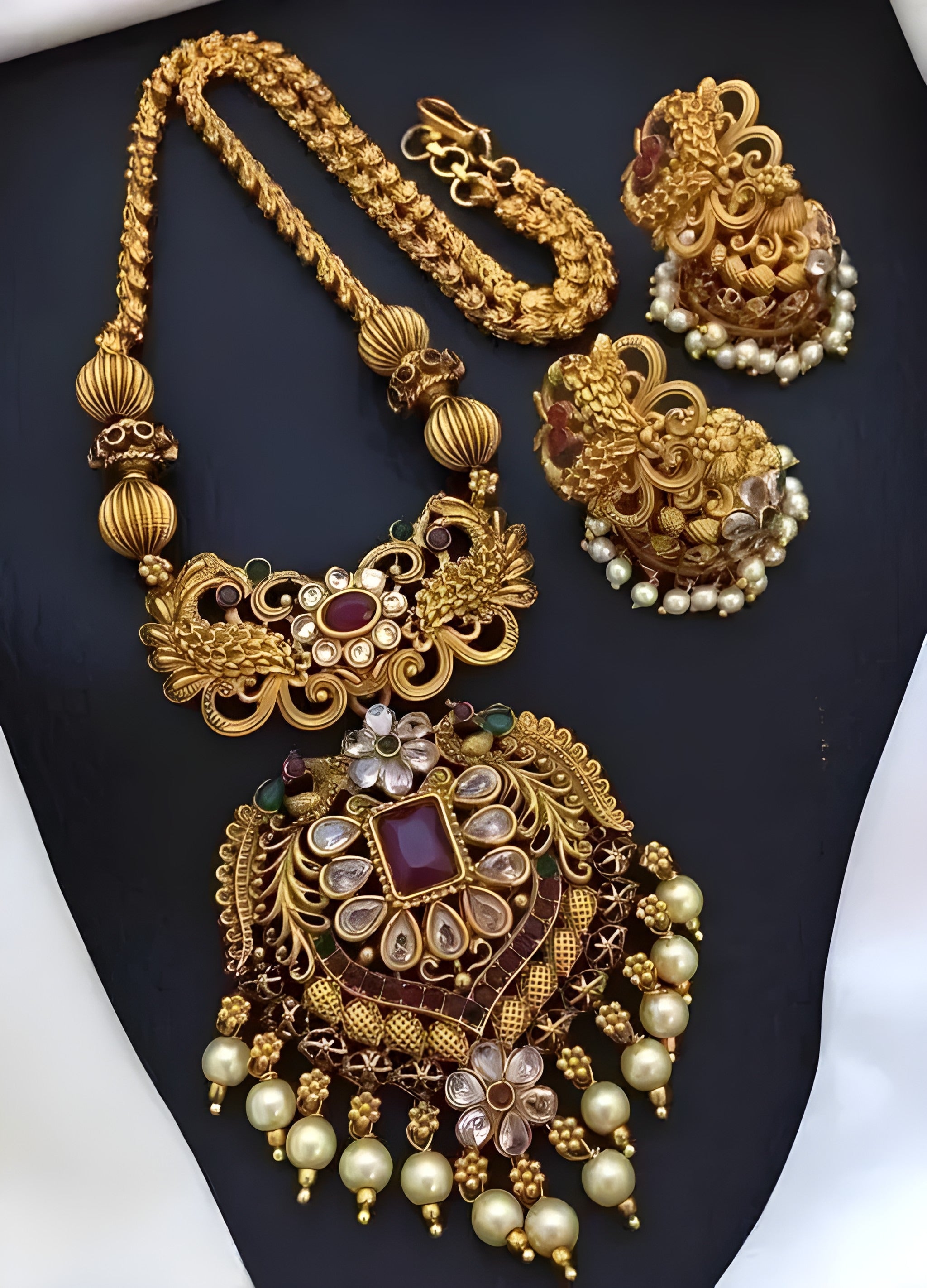 Jewel City Antique-Finish Temple Jewelry Set - Traditional South Indian Gold-Plated Necklace and Earrings with Pearl Drops | Grocsy