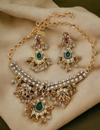Jewel City Elegant Kundan Choker Set - Gold-Plated Pearl Drop Necklace with Green & Ruby Stones and Matching Earrings | Grocsy