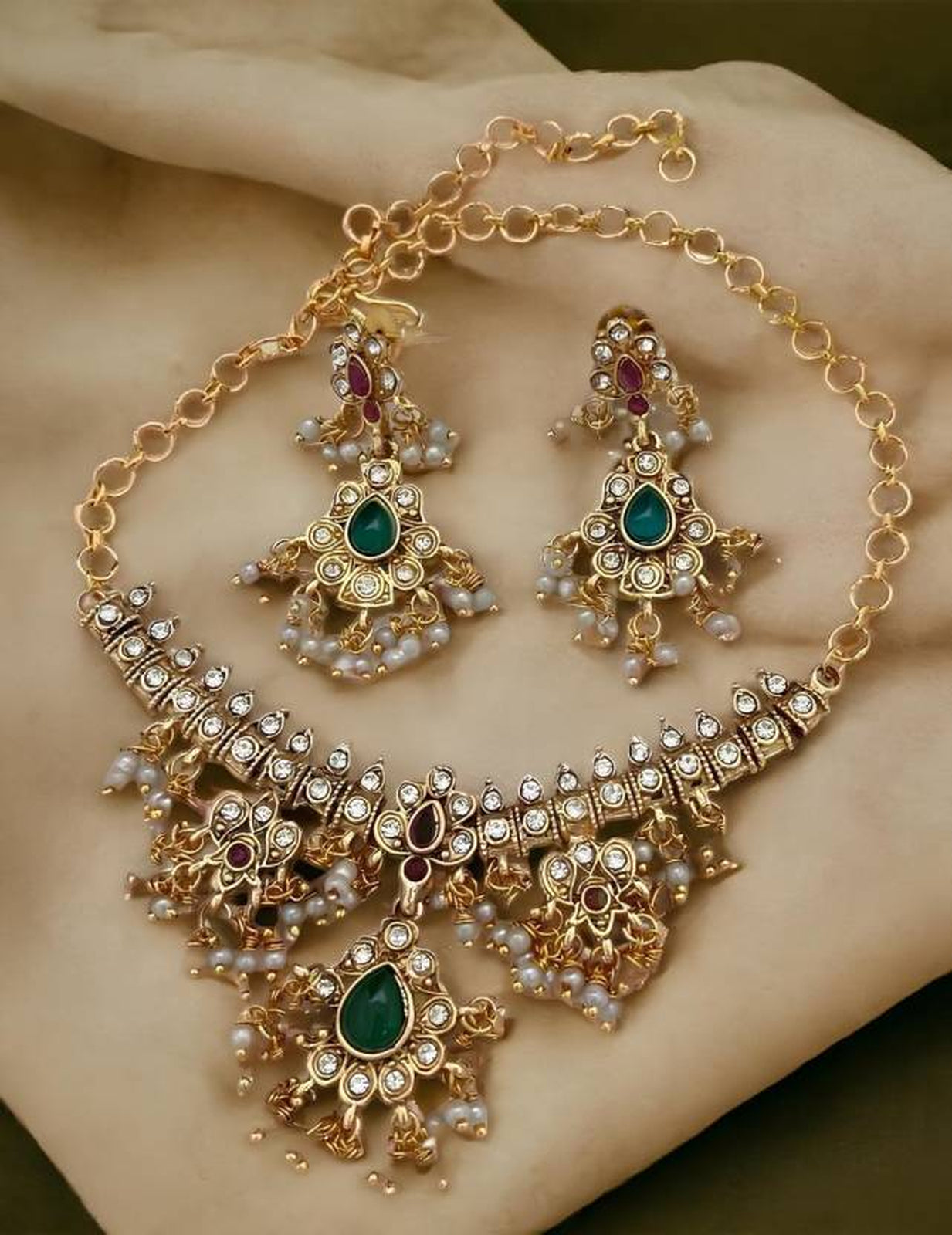 Jewel City Elegant Kundan Choker Set - Gold-Plated Pearl Drop Necklace with Green & Ruby Stones and Matching Earrings | Grocsy