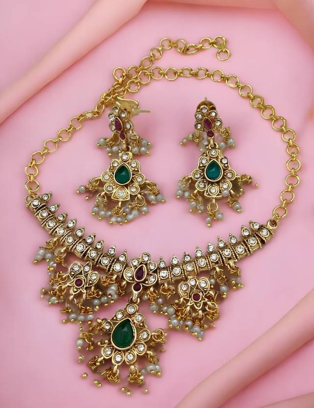 Jewel City Elegant Kundan Choker Set - Gold-Plated Pearl Drop Necklace with Green & Ruby Stones and Matching Earrings | Grocsy