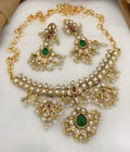 Jewel City Elegant Kundan Choker Set - Gold-Plated Pearl Drop Necklace with Green & Ruby Stones and Matching Earrings | Grocsy