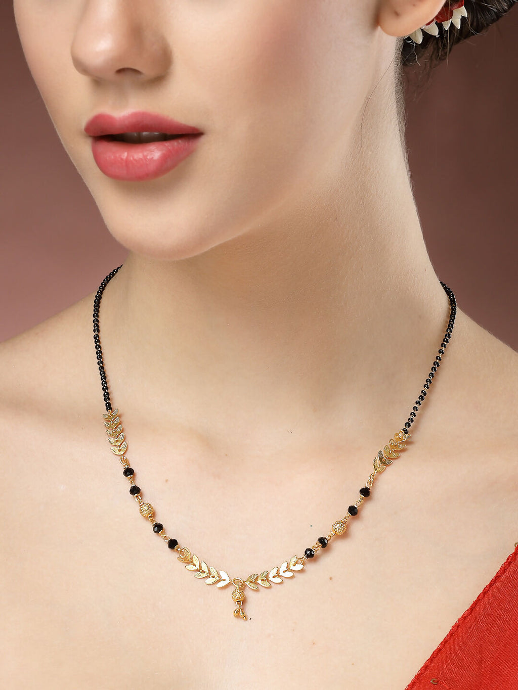 NVR Women's Set of 5 Gold-Polished Black Beaded Mangalsutra | Grocsy