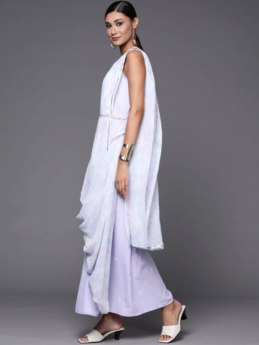 Ahalyaa Blue & White Floral Print Ethnic Maxi Dress with Attached Dupatta | Grocsy