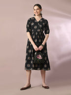 Myshka Women's Black Printed Cotton V-Neck Empire Party Dress | Grocsy
