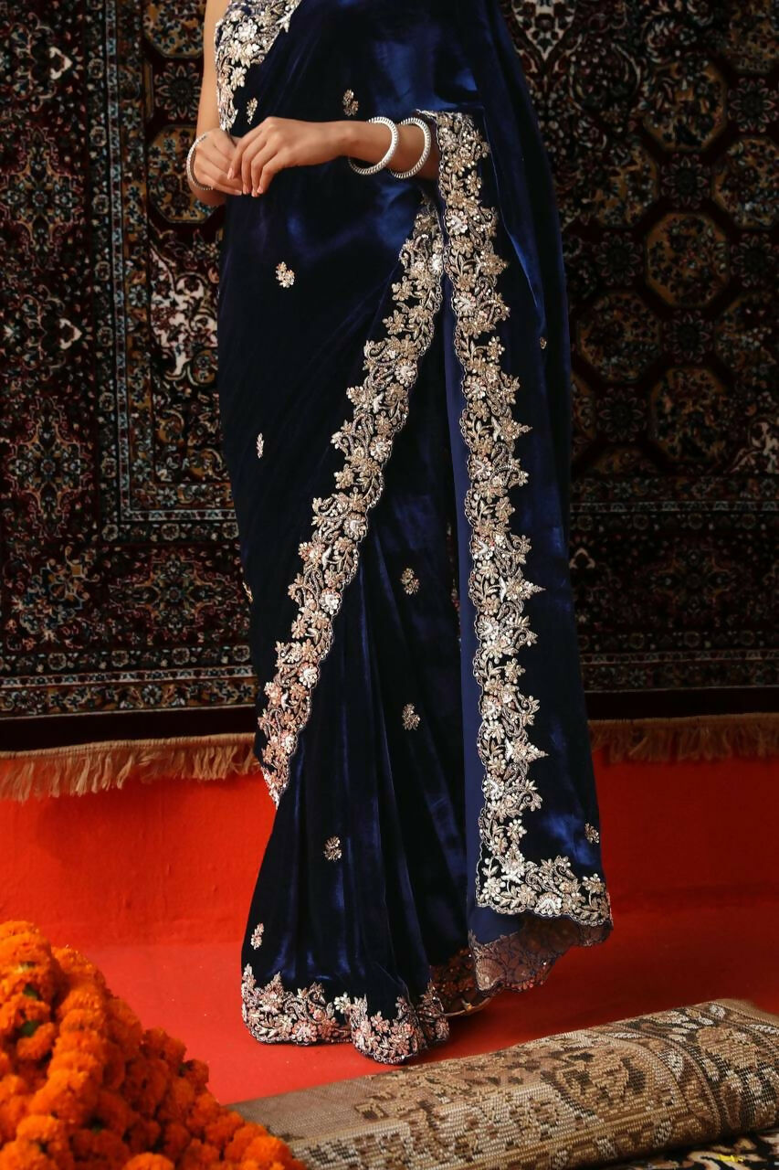 Vastranavya Designer Velvet Sequence & Zari Thread Embroidery work with border and Cutwork Saree - Navy Blue | Grocsy