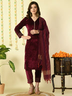 Myshka Women's Magenta Velvet Kurta & Trousers With Dupatta Party Sets | Grocsy