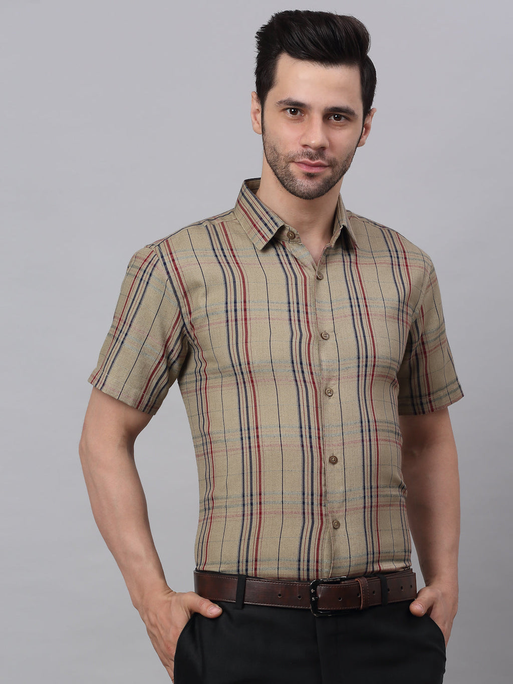 Jainish Men's Brown Half Sleeve Checked Formal Shirt | Grocsy