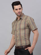 Jainish Men's Brown Half Sleeve Checked Formal Shirt | Grocsy
