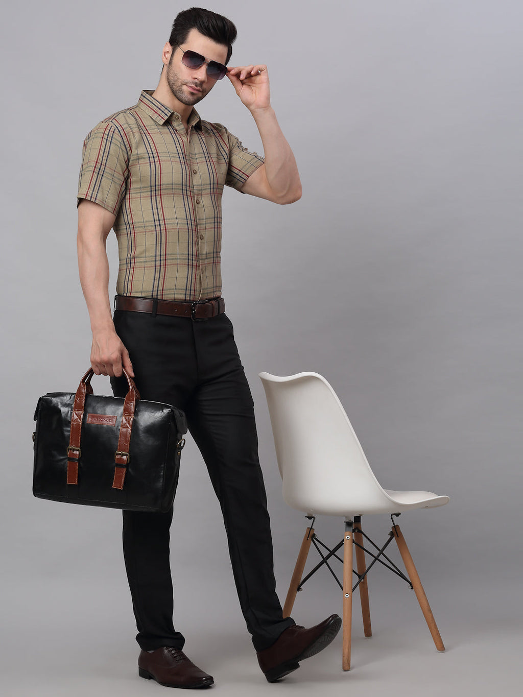 Jainish Men's Brown Half Sleeve Checked Formal Shirt | Grocsy