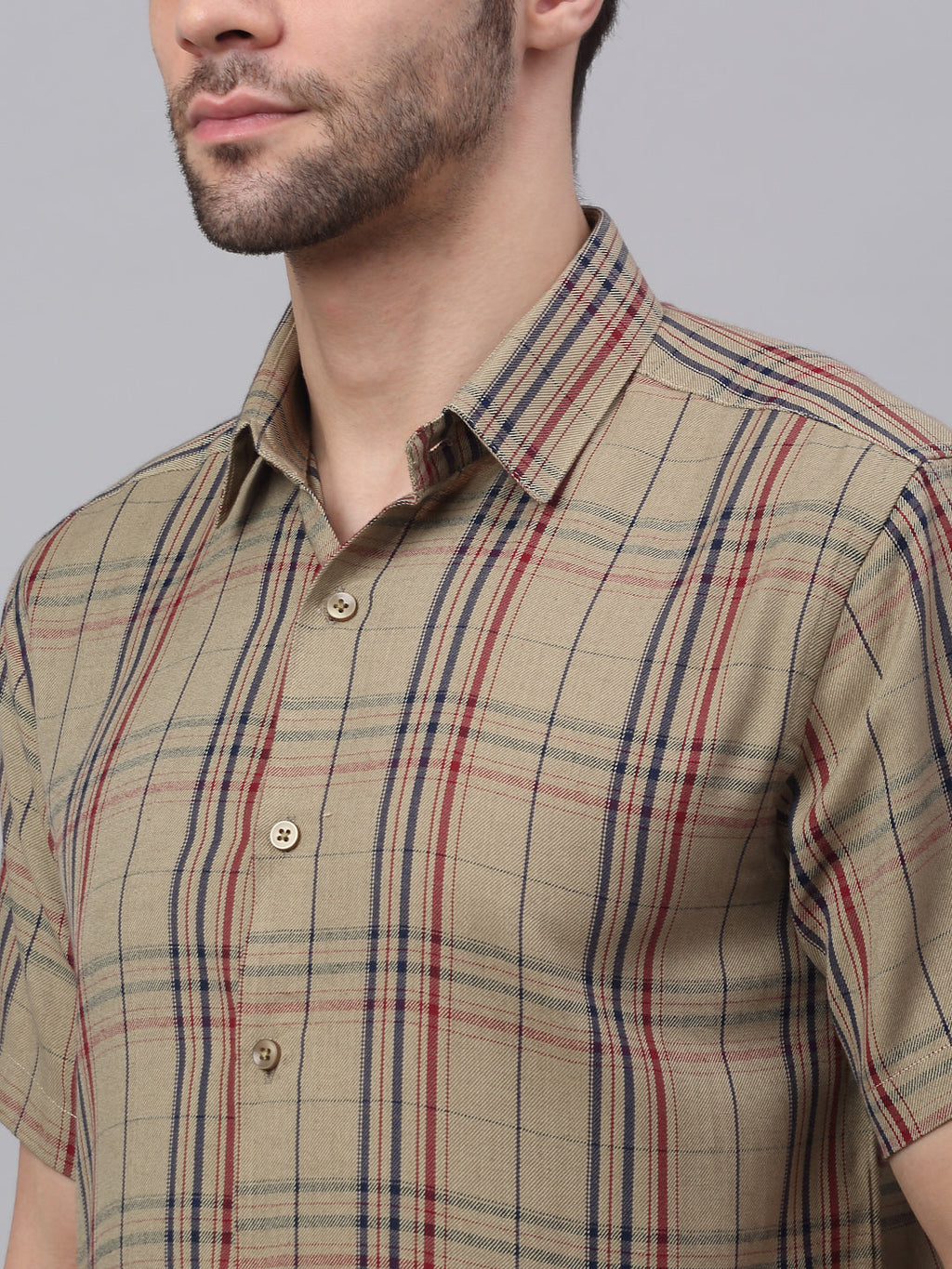 Jainish Men's Brown Half Sleeve Checked Formal Shirt | Grocsy