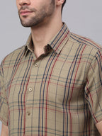 Jainish Men's Brown Half Sleeve Checked Formal Shirt | Grocsy