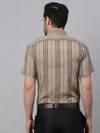 Jainish Men's Brown Half Sleeve Checked Formal Shirt | Grocsy