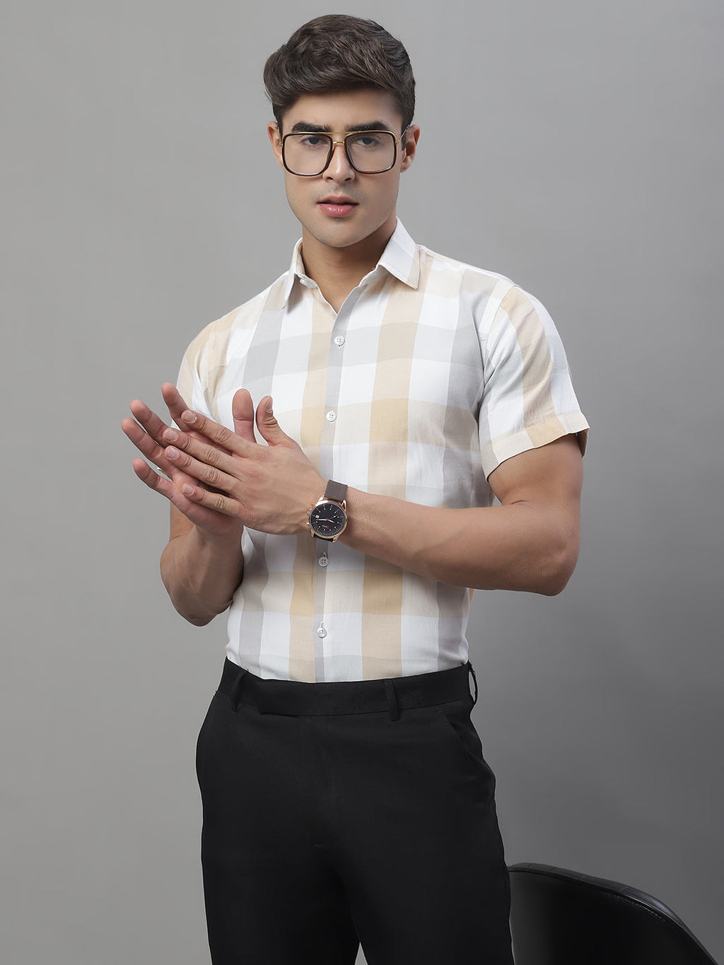 Jainish Men's Pure Cotton Checked Formal Shirts - Cream | Grocsy