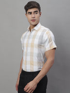 Jainish Men's Pure Cotton Checked Formal Shirts - Cream | Grocsy