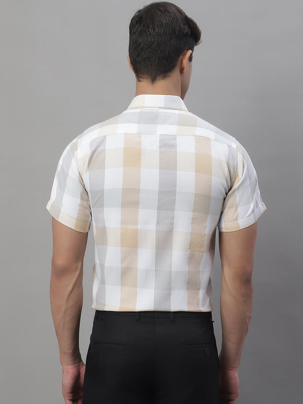 Jainish Men's Pure Cotton Checked Formal Shirts - Cream | Grocsy