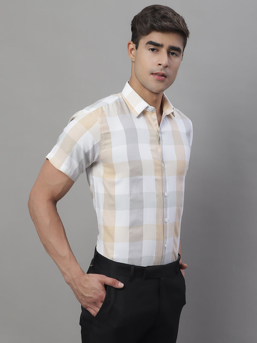 Jainish Men's Pure Cotton Checked Formal Shirts - Cream | Grocsy