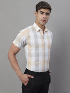 Jainish Men's Pure Cotton Checked Formal Shirts - Cream | Grocsy