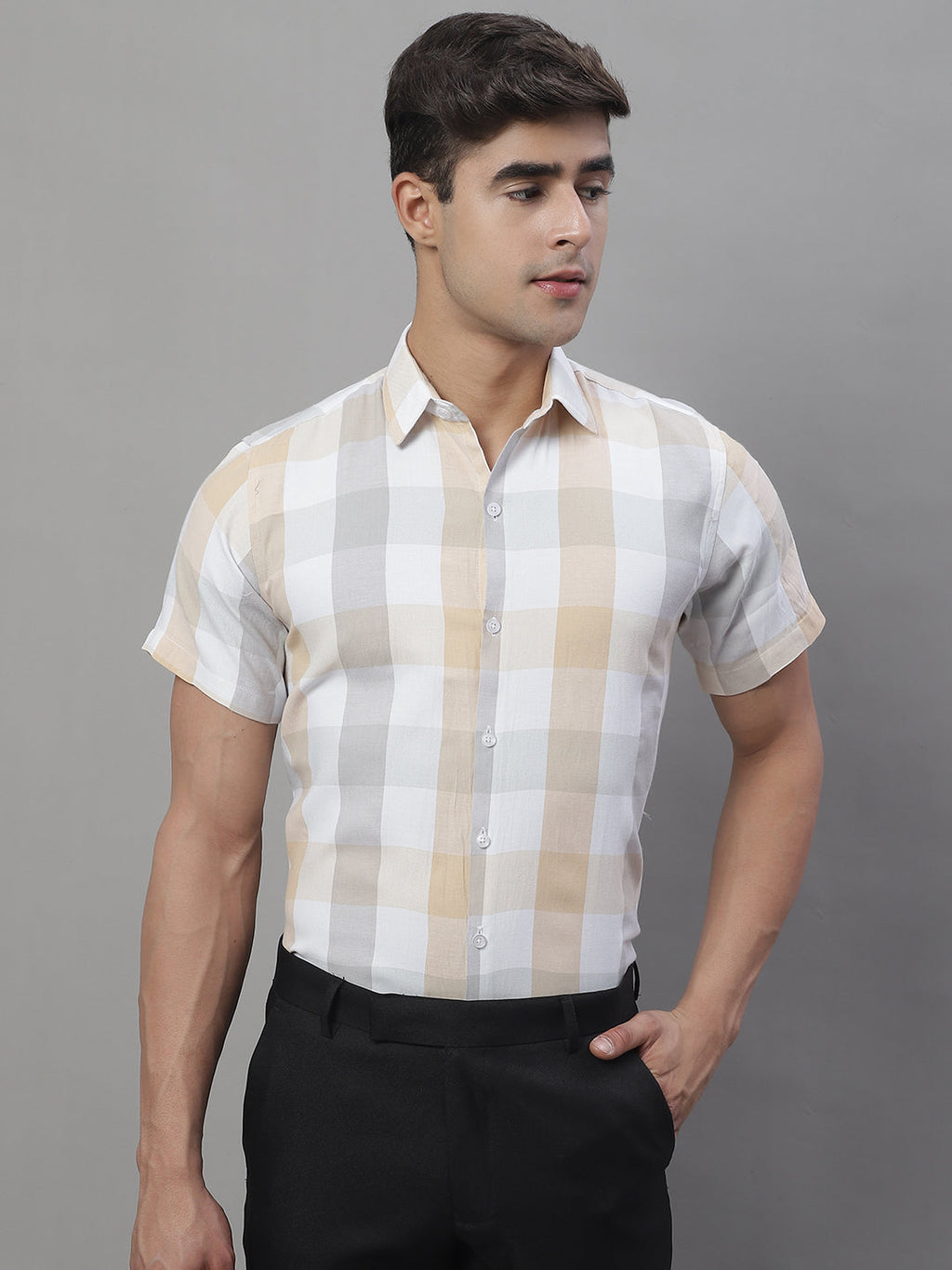 Jainish Men's Pure Cotton Checked Formal Shirts - Cream | Grocsy