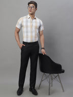 Jainish Men's Pure Cotton Checked Formal Shirts - Cream | Grocsy