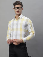 Jainish Men's Pure Cotton Checked Formal Shirts - Yellow | Grocsy