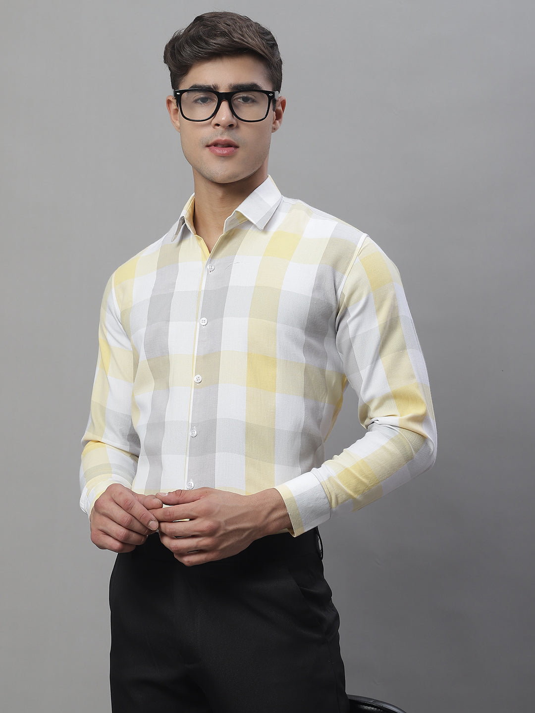 Jainish Men's Pure Cotton Checked Formal Shirts - Yellow | Grocsy