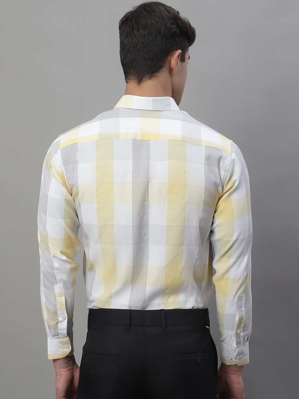 Jainish Men's Pure Cotton Checked Formal Shirts - Yellow | Grocsy