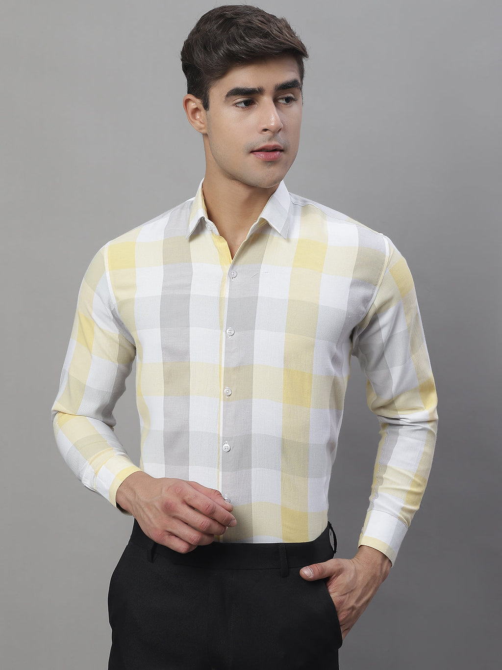 Jainish Men's Pure Cotton Checked Formal Shirts - Yellow | Grocsy