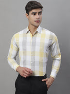 Jainish Men's Pure Cotton Checked Formal Shirts - Yellow | Grocsy