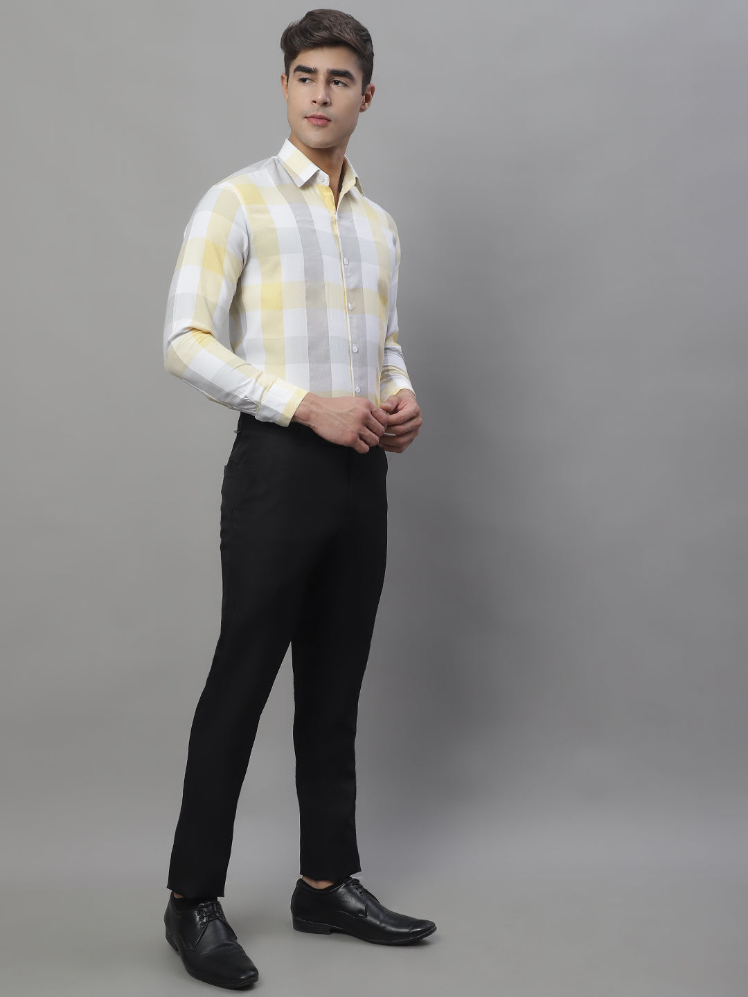 Jainish Men's Pure Cotton Checked Formal Shirts - Yellow | Grocsy