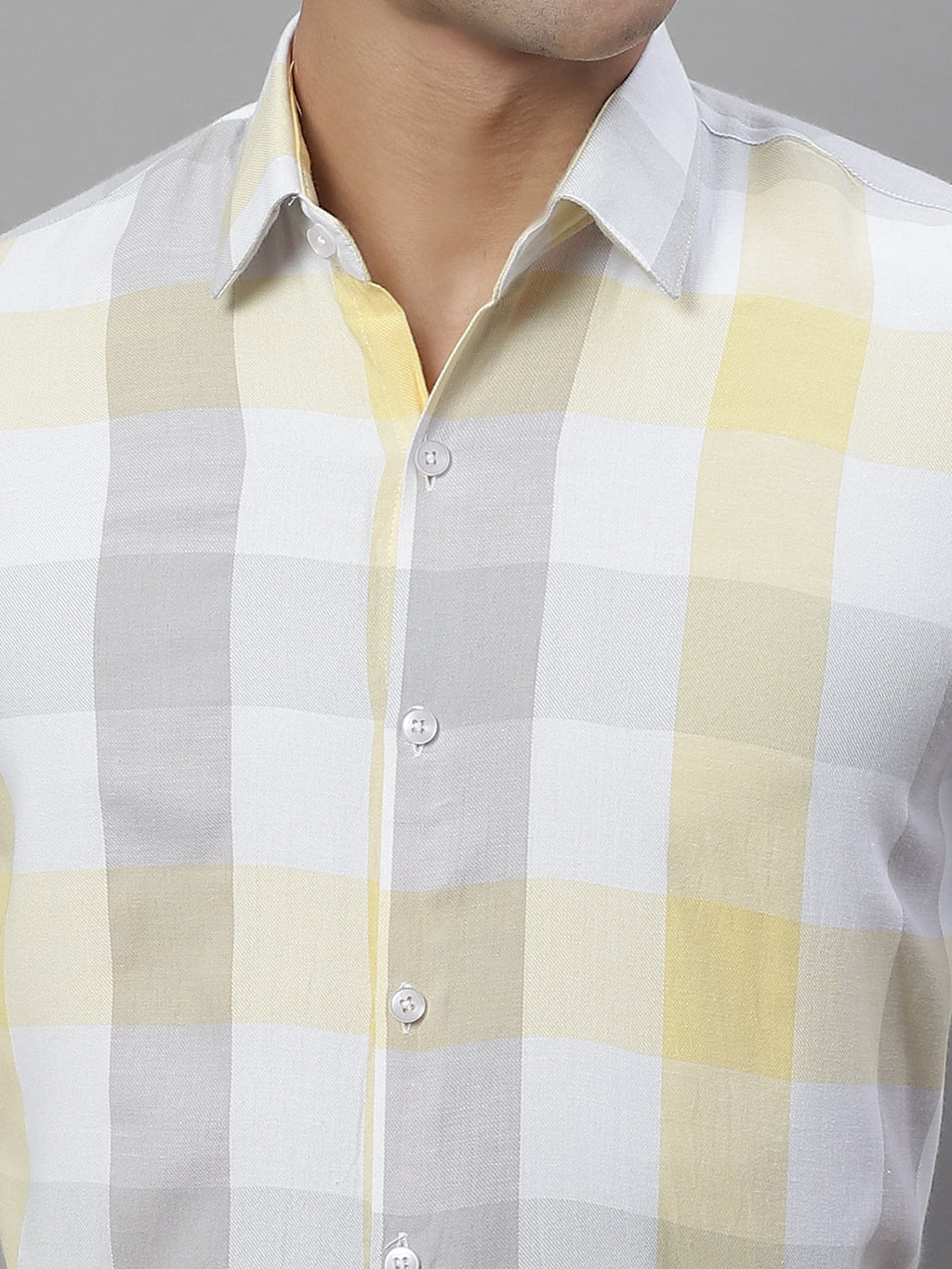 Jainish Men's Pure Cotton Checked Formal Shirts - Yellow | Grocsy