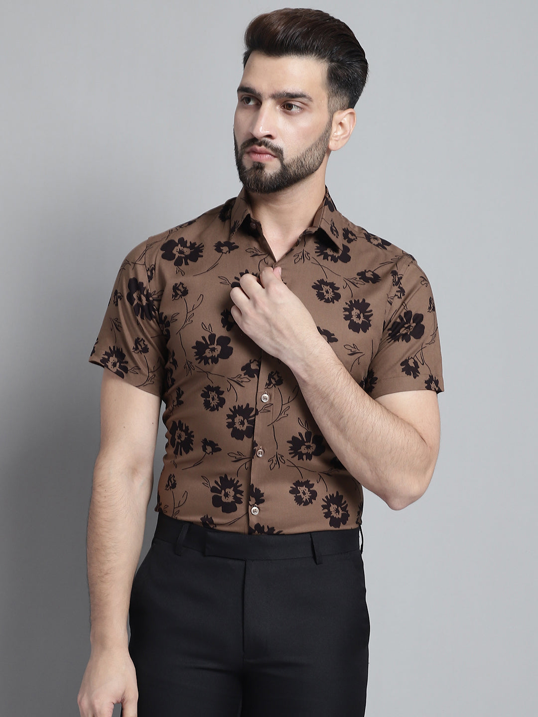 Jainish Men's Floral Printed Formal Shirt - Brown | Grocsy