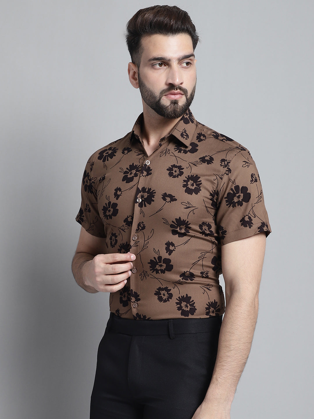 Jainish Men's Floral Printed Formal Shirt - Brown | Grocsy