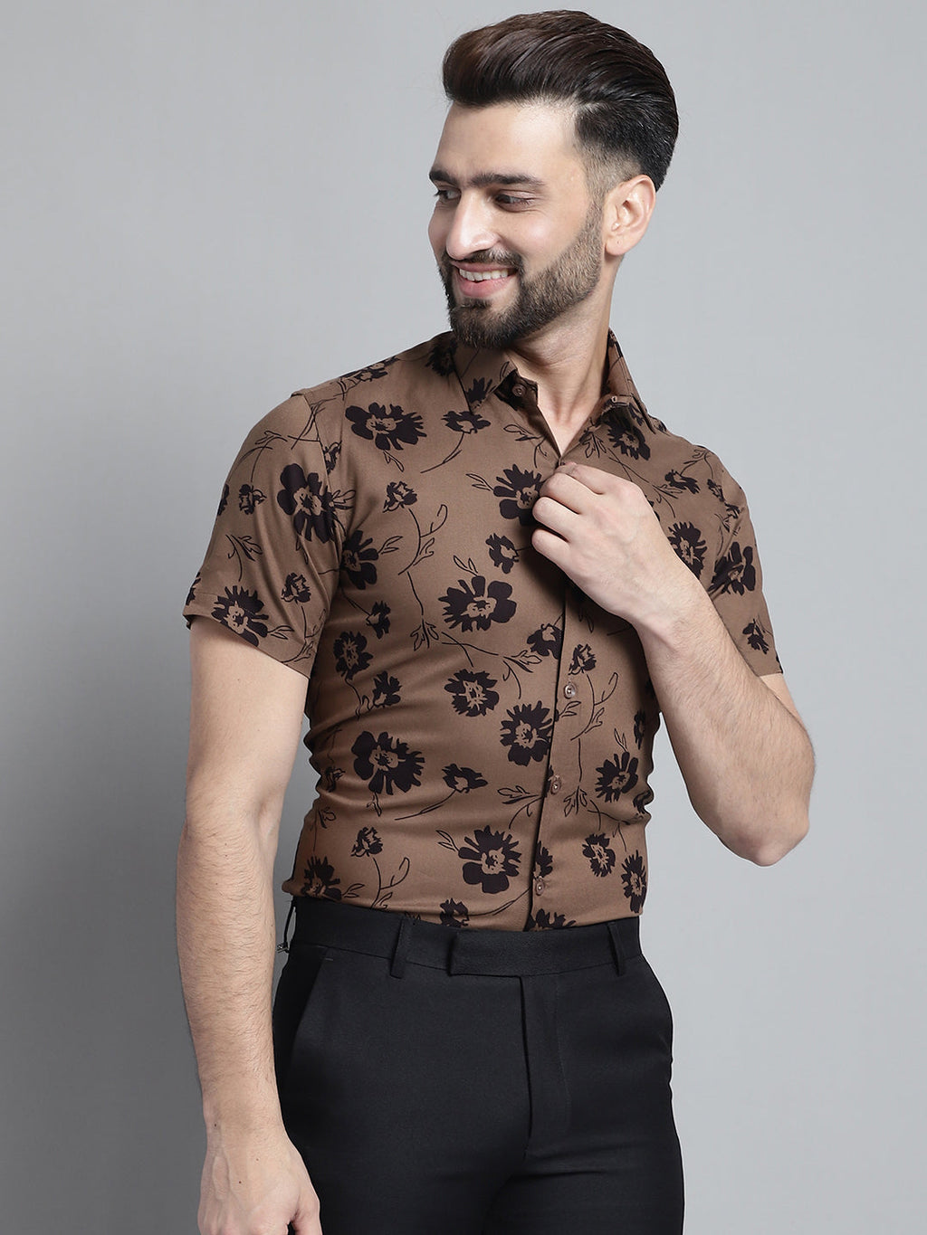 Jainish Men's Floral Printed Formal Shirt - Brown | Grocsy