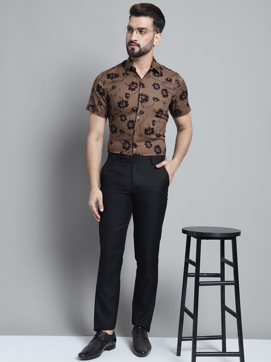 Jainish Men's Floral Printed Formal Shirt - Brown | Grocsy