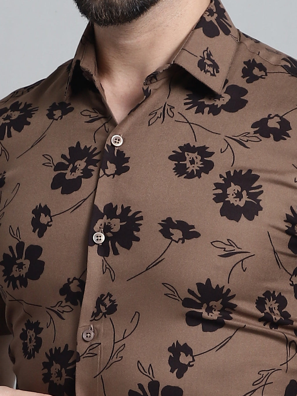 Jainish Men's Floral Printed Formal Shirt - Brown | Grocsy