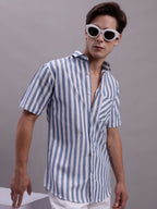 Jainish Men's Blue Vertical Striped Half Sleeve Casual Shirt | Grocsy
