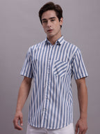 Jainish Men's Blue Vertical Striped Half Sleeve Casual Shirt | Grocsy