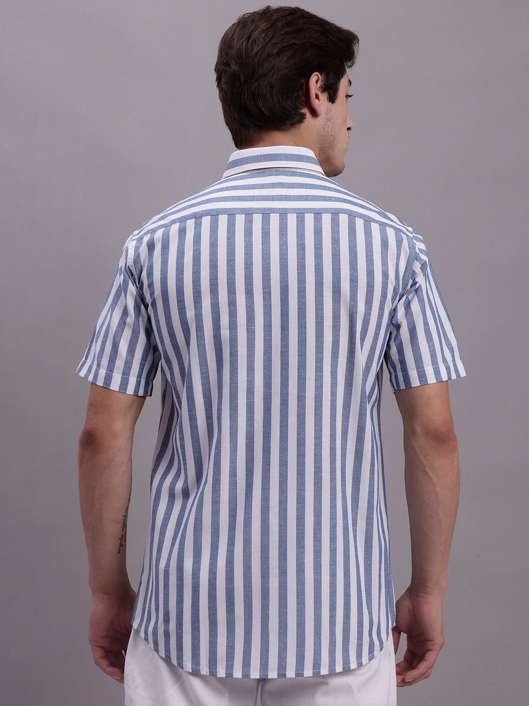 Jainish Men's Blue Vertical Striped Half Sleeve Casual Shirt | Grocsy