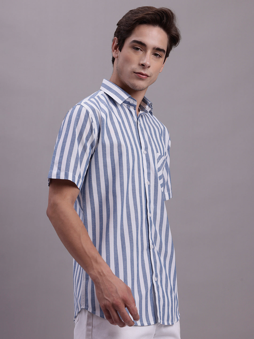 Jainish Men's Blue Vertical Striped Half Sleeve Casual Shirt | Grocsy
