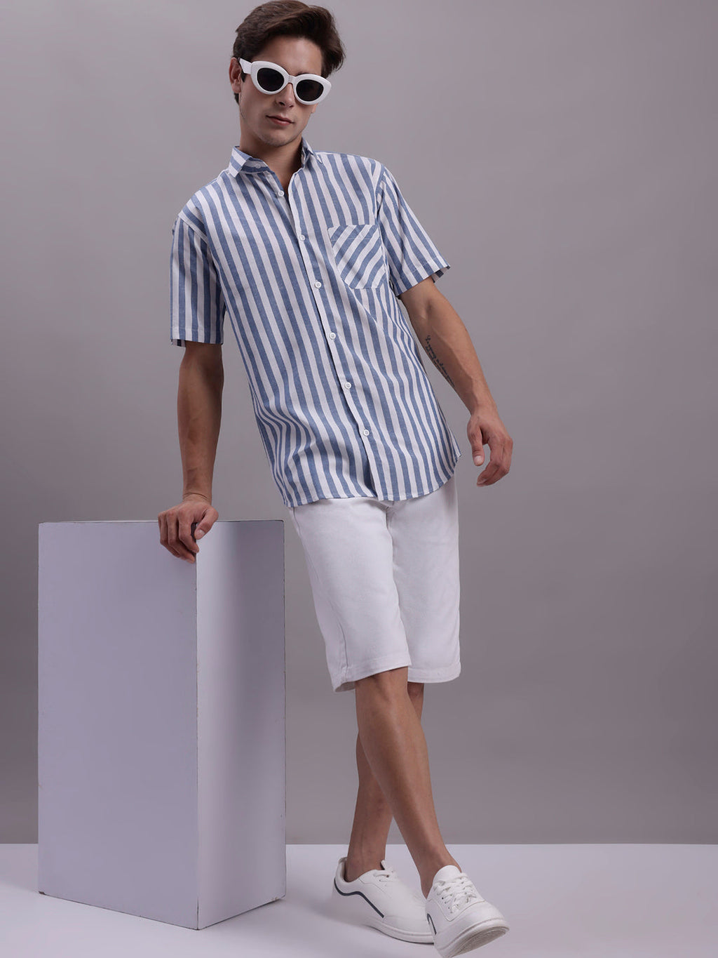 Jainish Men's Blue Vertical Striped Half Sleeve Casual Shirt | Grocsy